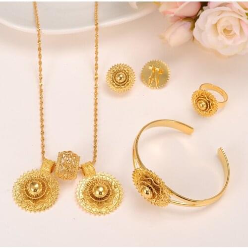 Bangrui New Ethiopian Sets Jewelry Pendant Necklace Earrings Ring Bangle Eritrean Traditional Style African Wedding Set