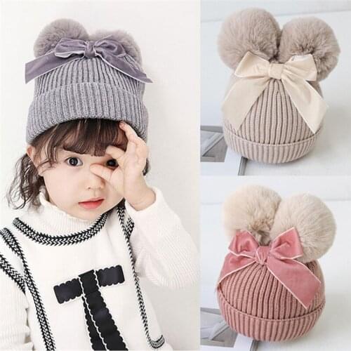 Blotona Newborn Kids Baby Boys Girls Double Fur Pom Hat Winter Warm Knit Bobble Beanie Cap