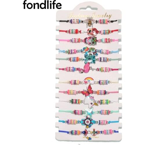 Polymer Clay Beads Coloured Cute Animal Charm Braided Bracelet 12pcs Wise Owl Buttwefly Rainbow Turtle Bee Elephant Jewelry Gift