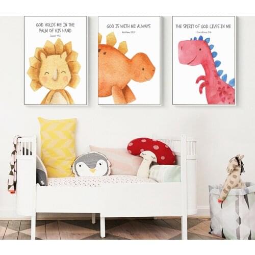 Kids Bible Verse Wall Art Church Nursery Decor Scripture Wall Art Dinosaur Print Watercolor Animal Posters for Kid Bedroom Decor