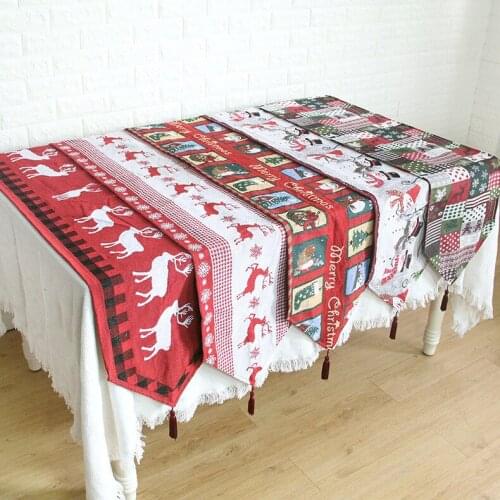 Merry Christmas Red Snowflake Snowman Long Table Runner Cloth Party Dinner Non-slip Table Runner Cotton Linen Home Decor 180CM