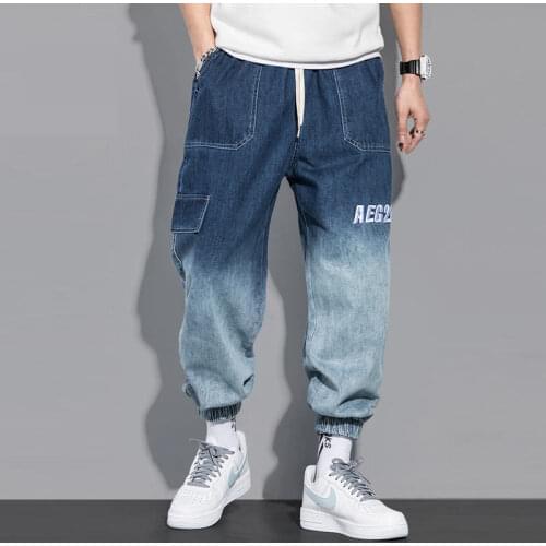 Autumn Gradient Change Jeans Men Loose Tooling Harlan Embroidery Brand Ankle Banded Pants Kpop Clothes Cargo Pants Men Fashion
