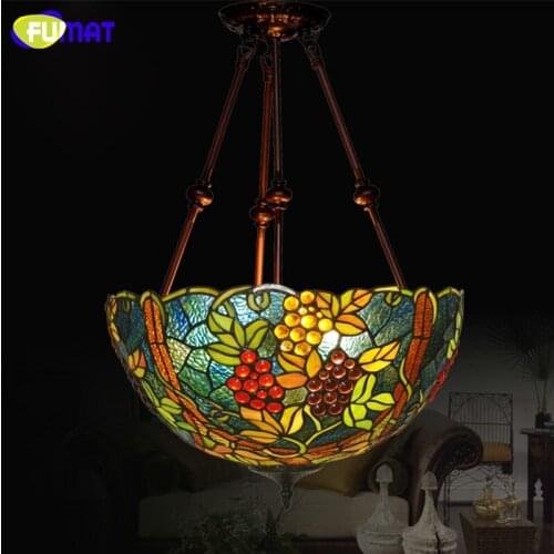 FUMAT Stained Glass Pendant Light 17 Inch 3 Editions Art Glass Grapes Lamp Dinner Room Living Room Restaurant Light Fixtures
