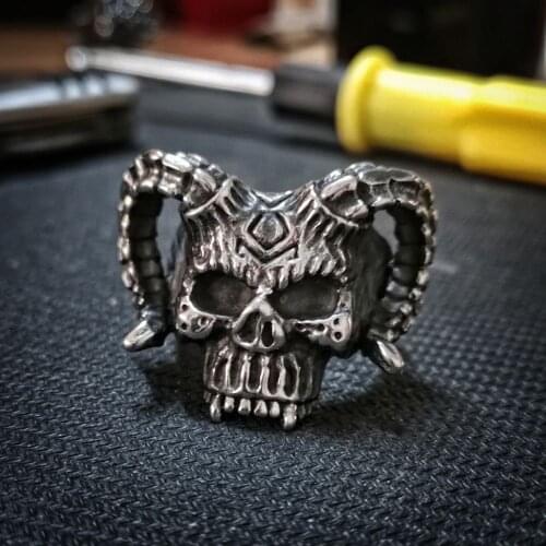 EYHIMD Evil Ancient Rune Devil Stainless Steel Ring Gothic Horned Hell Demon Skull Rings Men Biker Jewelry