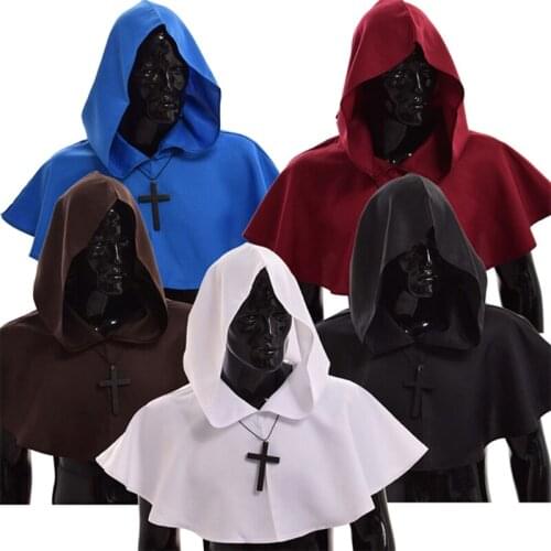 Witch Cowl Hat Cross Necklace Set Halloween Religious Cloak Cosplay Costumes Accessories