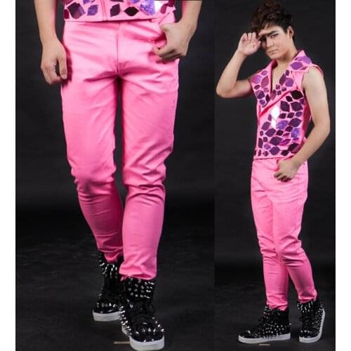Nightbar Fashion Male singer pants mens personality ds pink casual trousers