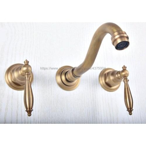 Wholesale and Retail Antique Brass Bathtub Mixer Taps 3 pcs Basin Dual Handles Hot and Cold Wall Mounted Basin Faucet Nsf511