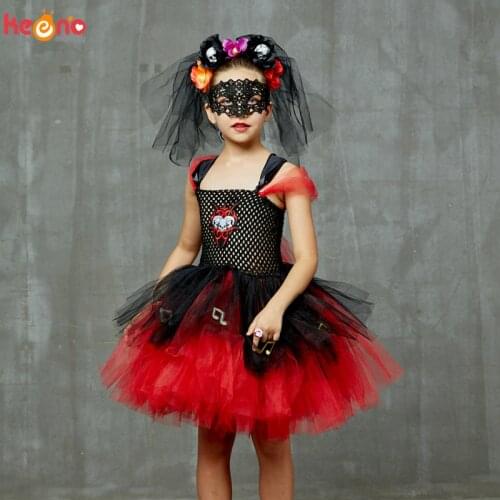 Zombie Day Of The Dead Bride Girls Halloween Fancy Tutu Dress Sugar Skull Horror Ghost Vampire Kids Scary Carnival Party Costume