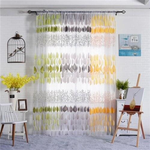 Leaf Printed Voile Sheer Curtains Panel Jinya Home Decoration Elegant Transparent Kids Bedroom Window Door Curtain Drapes Newest