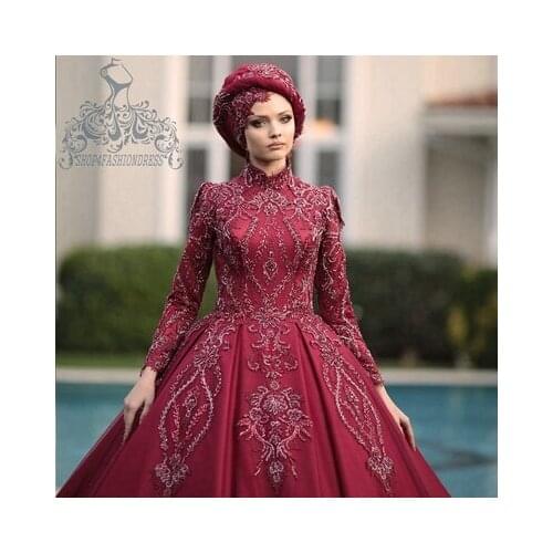 Luxury Burgundy Satin Beading A-line Wedding Dresses High Neck Long Sleeves Bridal Gowns Custom Made Muslim Bride Dress Vestidos