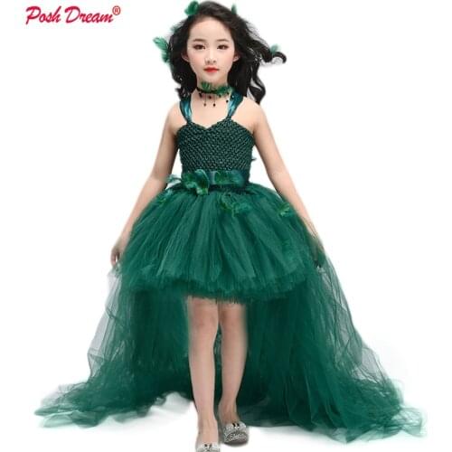 POSH DREAM Teal Green Vintage Kids Girls Tutu Dresses for Forest Party Flower Dark Green Handmade Children Birthday Clothes