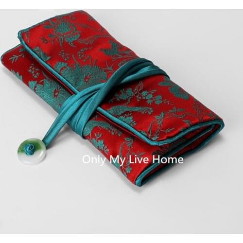 Jade Thicken Travel Jewelry Roll Bag Silk brocade 3 Zipper Pouch Drawstring Bag Cotton filled Folding Makeup Bag Women Gift