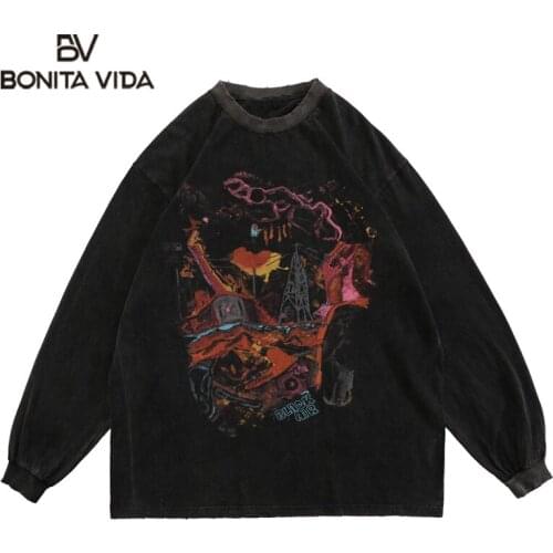 Bonita Vida Oversized T-Shirts Hip Hop Distressed Graffiti Punk Rock Gothic Long Sleeve Tee Shirts Streetwear Harajuku Tops