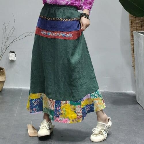 2021 New Skirt Women Summer Retro Loose Large size Skirt Women Casual Elastic Waist Spliced Print Skirt