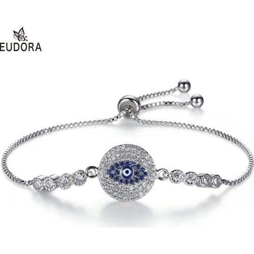 Eudora Blue Evil Eye Eye of God Charm Bracelets For Women man clear Crystal CZ Chain Adjustable Bracelets party Jewelry with box