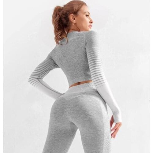 Women Seamless Yoga Set Fitness Sports Suits GYM Knit Yoga Long Sleeve Shirts High Waist Running Leggings Workout Pants Shirts