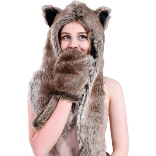 3 In 1 Women Men Fluffy Plush Animal Wolf Leopard Hood Scarf Hat with Paws Mittens Gloves Thicken Winter Warm Earflap Bomber Cap