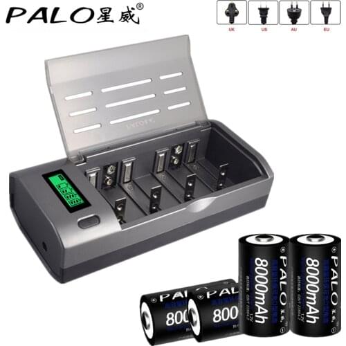 PALO D Size Battery 8000mAh Rechargeable Batteries LR20 1.2V NI-MH & Smart Fast Charging LCD Charger for AA AAA C D 9V Battery
