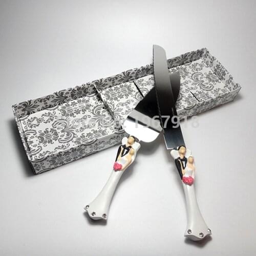 Free Shipping Sweet Couple Bride & Groom Wedding Cake Knife Serving Set Wedding Decoration Wedding Event & Party Supplies