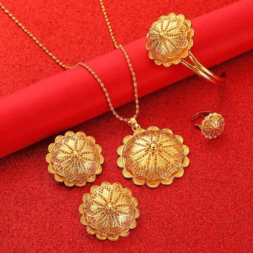 Ethiopian Jewelry Sets Pendant Necklaces Earrings Ring Bangles for Womens Eritrea African Flower Bride Gift