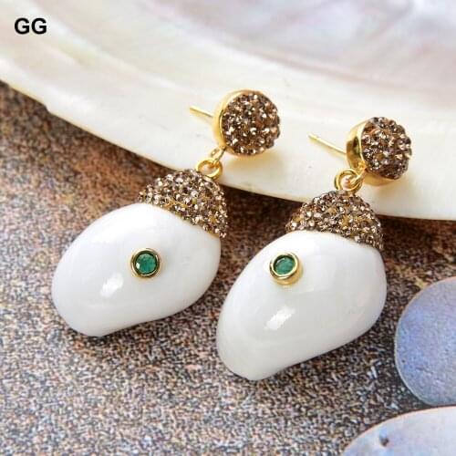 GuaiGuai Jewelry 20x32MM Natural White Shell Green Cz pave Stud Earrings