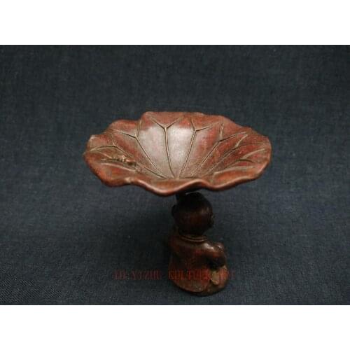 YIZHU CULTUER ART Collection China Bronze Carving Boy Lotus leaf writing-brush washer Candlestick