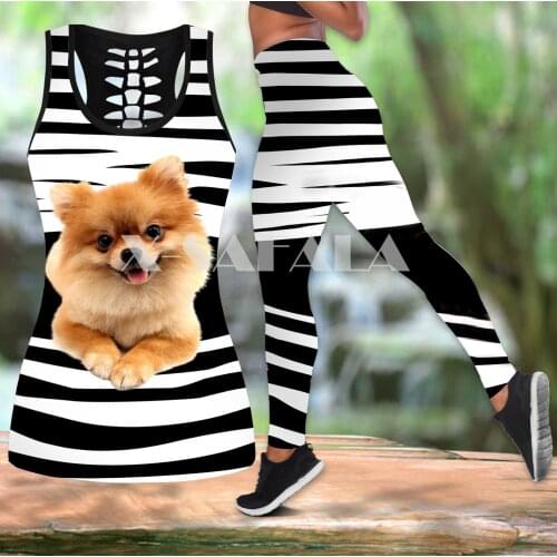 Pomeranian Dog Animal Two Piece Yoga Set Women 3D Print Vest Hollow Out Tank Top High Waist Legging Summer Casual Sport-3