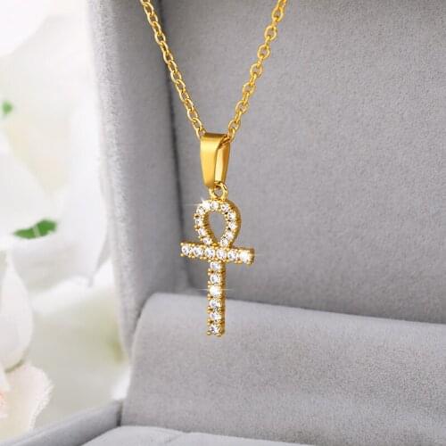 CZ Zircon Cross Pendant Gold Color Egyptian Key of Life Pendant Necklaces Men Women Hip Hop Jewelry Best Gifts