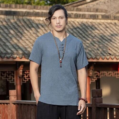 Summer Men Linen Shirt Chinese Style Retro Casual Tops Plus Size Kung Fu Traditional Asian Clothes Tang Suit Tops For Man 30495
