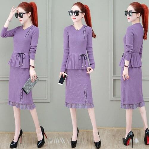 Fashion Women Knitting Tops + Skirts Suits Two Pieces Set Slim Patchwork Knitted Sweater Skirt Set Women Clothing Autumn X105