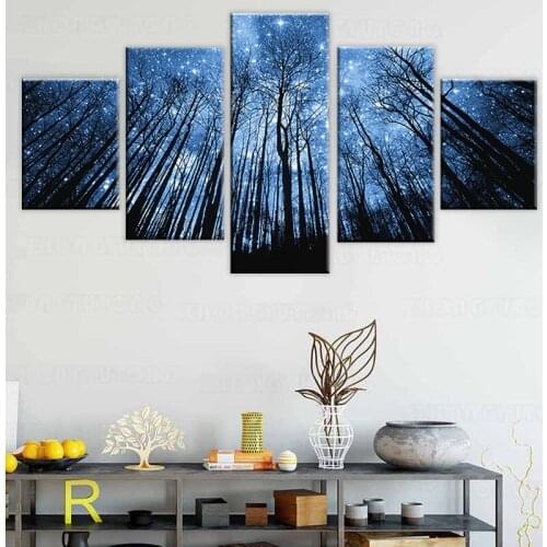 Modular Pictures Home Decor Wall Art 5 Pcs Forest With Bule Starry Sky Modern Canvas Prints Painting Minimalism Bedroom Poster