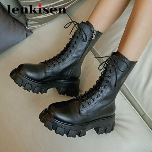Lenkisen motorcycle boots genuine leather fashion catwalk round toe thick high heel zipper handsome keep warm mid-calf boots L33