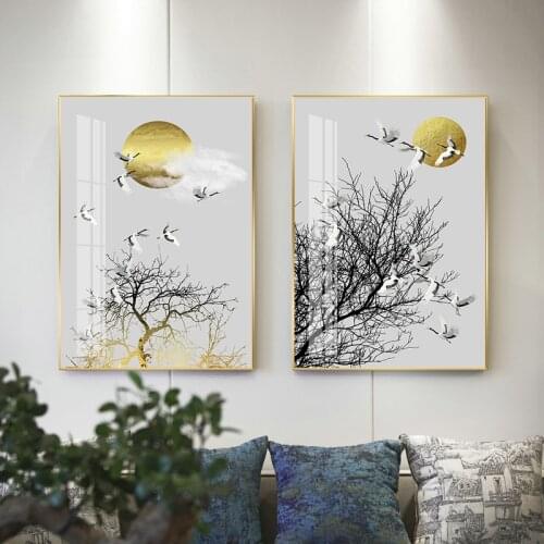 Chinese Japanese style Red Crowned Crane Golden sun tree modern decorative Picture Canvas Wall Art Poster for room hotel office
