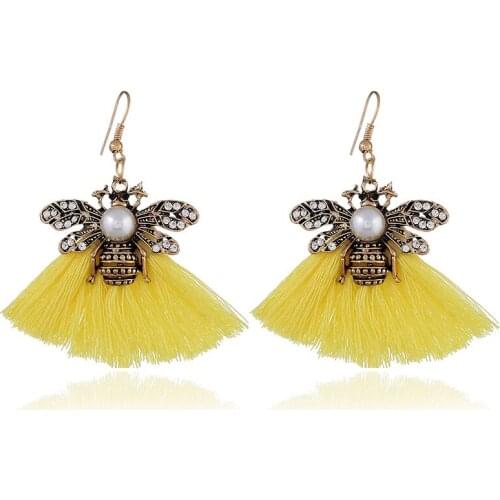 New Bohemian vintage bee imitation pearl silk fringe earrings personality unique design hollow flowers rhinestones long Brincos