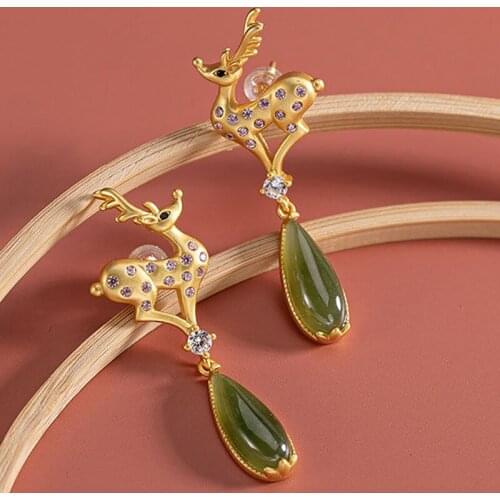 Original New Silver Natural Hetian Sapphire Earrings Antlers Creative Small Fresh Fairy Niche Craft Womens Brand Jewelry