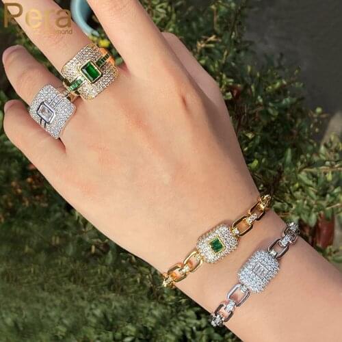 Pera Luxury Yellow Gold Green CZ Crystal Classic Square Link Bracelet and Ring Party Jewelry Set for Women Indian Jewellery J436