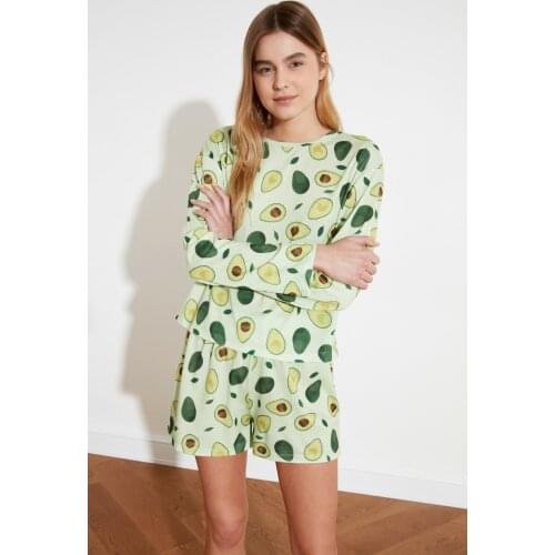 Womens Green Avocado Pattern Knitted Sleepwear Set Blue Omlet Patterned Long Sleeve Femme Two Piece Shorts Set Casual Home Clothing 2021 New Cute