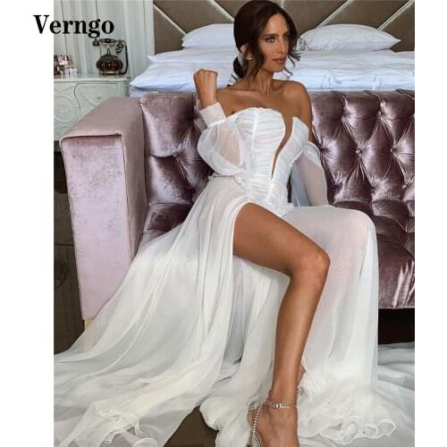 Verngo Simple White Long Evening Dresses Off the Shoulder Strapless Long Sleeves Prom Gowns Sexy Split Party Formal Beach Dress
