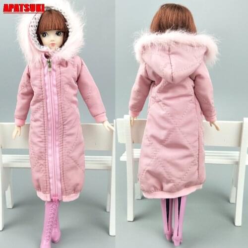 Pink Winter Warm Long Big Coat Jacket Outfits Clothing for Barbie Doll Clothes For 1/6 BJD Doll Accessories DIY Toy for Kid Girl
