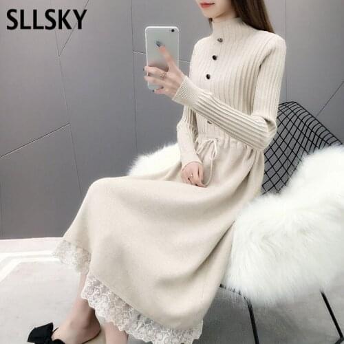 Sllsky Winter Solid Lace knitted Women Sweater Dress Fashion Half Turtleneck Dress 2020 Autumn New female Long Sweater Dress
