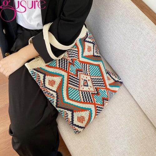 Gusure Winter Wool Plush Ladies Top-handle Bag Contrast Color Knitted Shopper Bag Retro Woolen Woven Shoulder Bag Casual Handbag