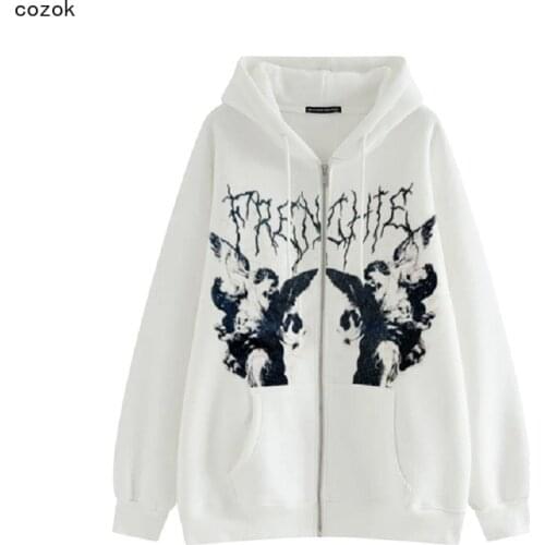 Hooded Sweater Womens Hip-hop Streetwear Harajuku Anime New Dark Jacket Coat Print Angel Women Coat Zipper Y2k Women Clothing
