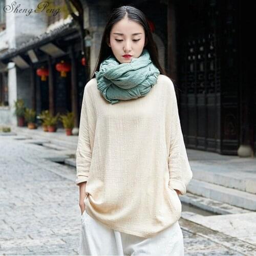 Chinese Womens Folk Style Tops Cotton and Linen China Costume Retro Wind Blouse Long Sleeve Shirt Q795