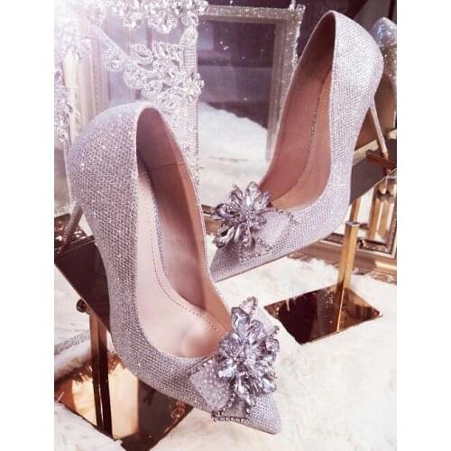 Carpaton Crystal High Heel Shoes Woman Pointed Toe Rhinestones Flower Thin Heels Wedding Shoes Butterfly-knot Stiletto Heels