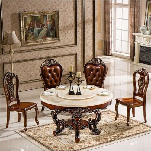 European solid wood round table American marble round table chair combination oak carved dining table with turntable
