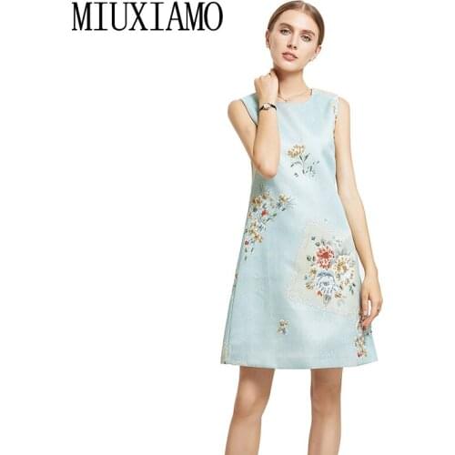 MIUXIMAO High Quality 2019 Fall Dress Fashion Sleeveless Flower Luxurious Diamonds Above Knee Tank Elegant Dress Women Vestidos