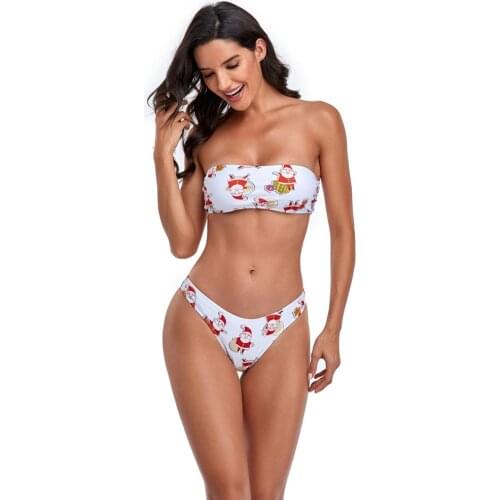 WTCandy 2021 New Bandeau Bikini Print Santa Claus Sexy Micro Swimsuit Women Bandage String Swimwear Floral Biquini Bathing Suit