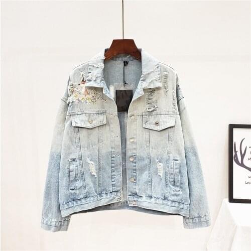 Women Tops Autumn Embroidery Beading Distressed Denim Jacket Female Loose Fit Short Jackets Retro Printed Lapel Casual Outerwear