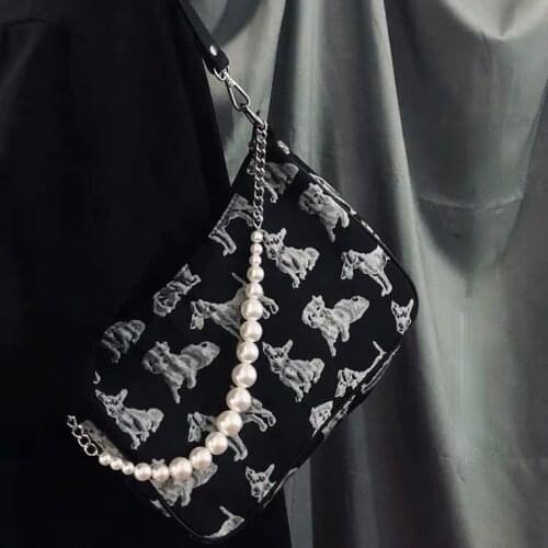 Retro Design Womens Underarm Bag Pearl Chain Dog Pattern Ladies Armpit Shoulder Bags Female Girls Hobos Tote Purse Handbags