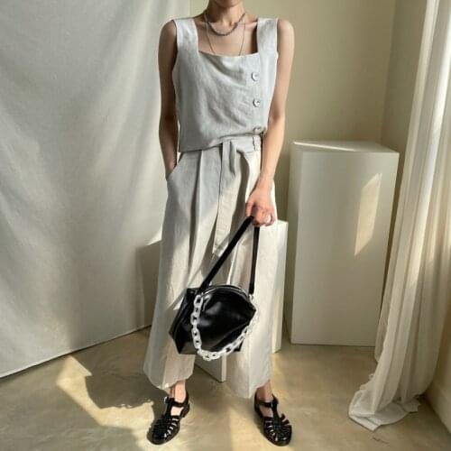 2021 New Women Summer Vintage Beige Tank Tops Sleeveless Single Breasted Short Tshirts Square Collar T-shirts